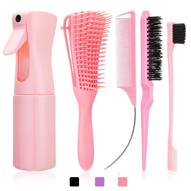 5pcs/set Salon Hair Tools: Detangling Anti-Static Hair Brush, Curly Hair Curved Rat Tail Comb Set Suitable For All Hair Types 5 pcs set pink1