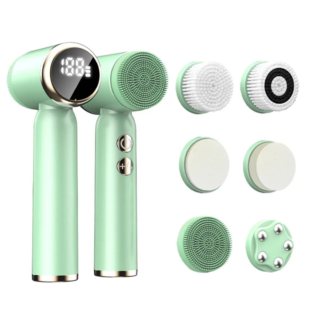 6-in-1 LED Electric Facial Cleansing Brush for Blackhead Removal and Skin Rejuvenation Green