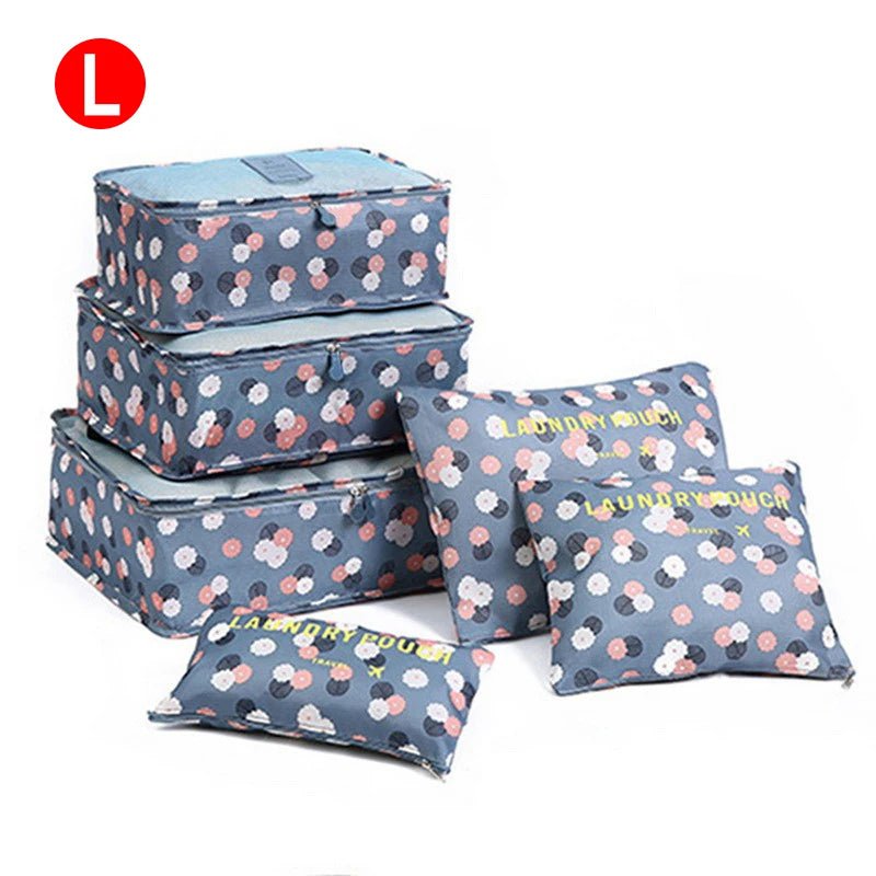 6-piece Portable Travel Organizer Bags Set for Women, includes Storage Bags for Clothes, Shoes, Makeup, and Luggage L-Blue flowers