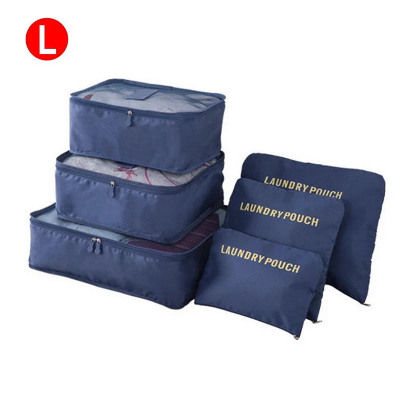 6-piece Portable Travel Organizer Bags Set for Women, includes Storage Bags for Clothes, Shoes, Makeup, and Luggage L-Dark blue
