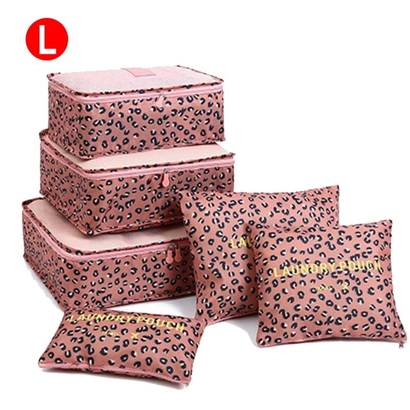 6-piece Portable Travel Organizer Bags Set for Women, includes Storage Bags for Clothes, Shoes, Makeup, and Luggage L-Pink leopardprint