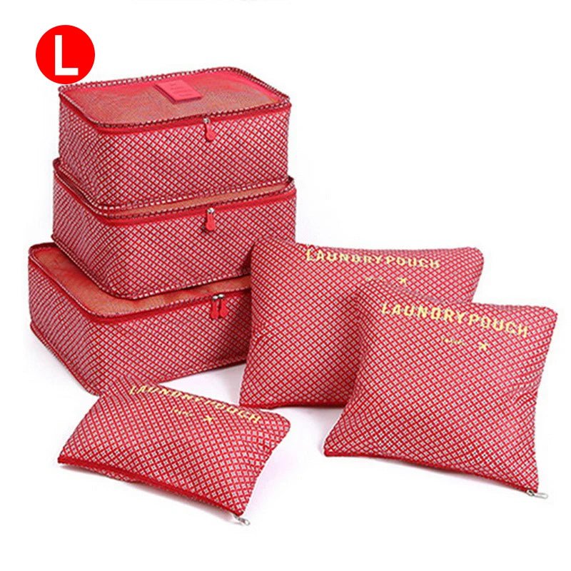6-piece Portable Travel Organizer Bags Set for Women, includes Storage Bags for Clothes, Shoes, Makeup, and Luggage L-Red stars