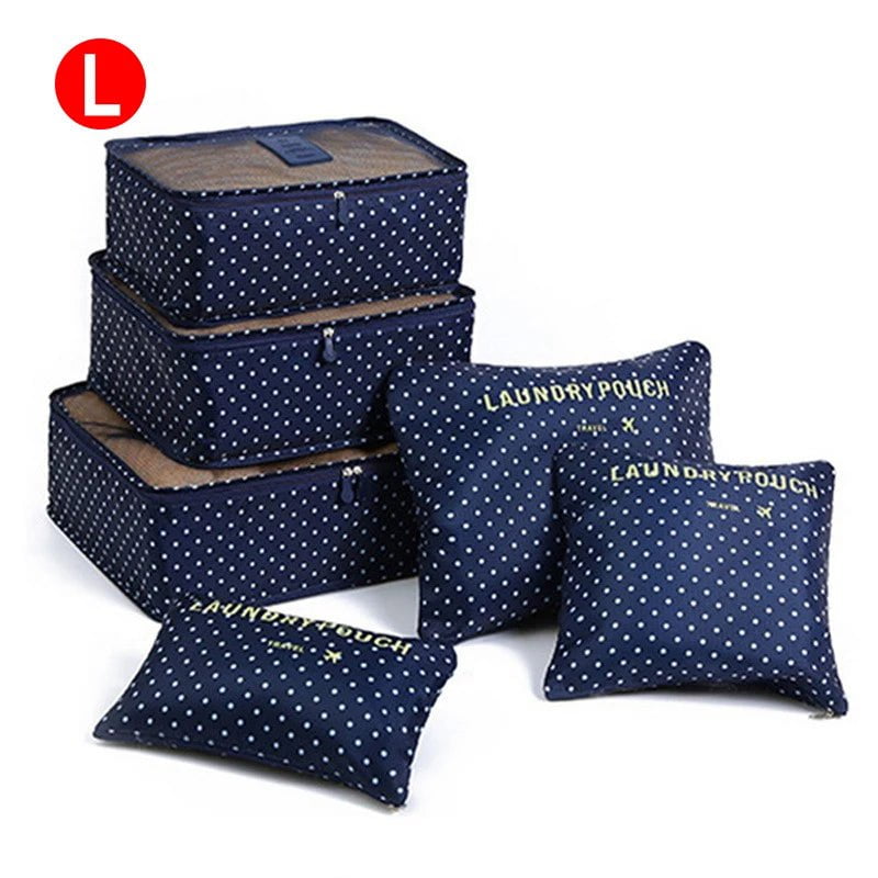 6-piece Portable Travel Organizer Bags Set for Women, includes Storage Bags for Clothes, Shoes, Makeup, and Luggage L-Tibetan blue dots