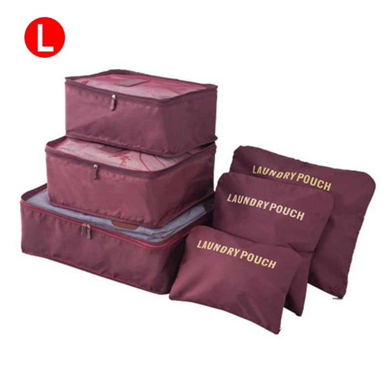 6-piece Portable Travel Organizer Bags Set for Women, includes Storage Bags for Clothes, Shoes, Makeup, and Luggage L-Wine red