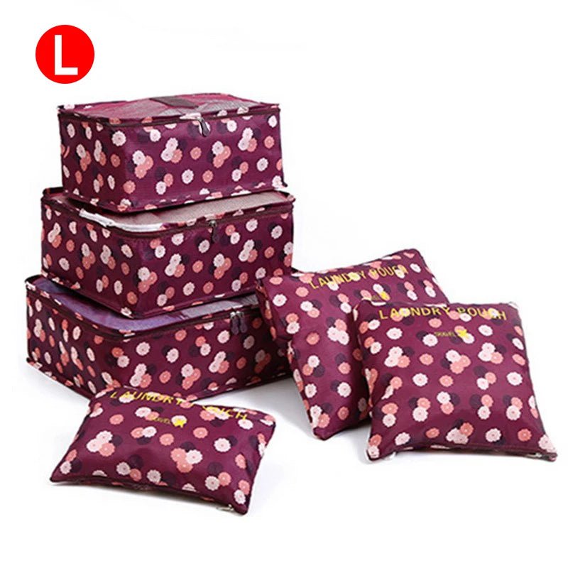 6-piece Portable Travel Organizer Bags Set for Women, includes Storage Bags for Clothes, Shoes, Makeup, and Luggage L-Wine red flower