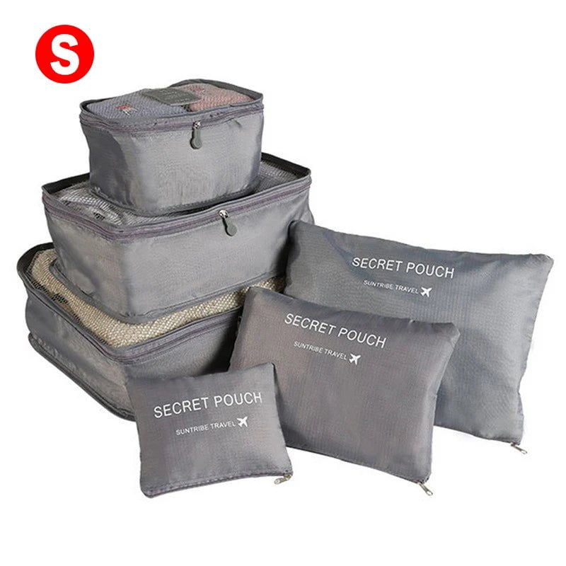 6-piece Portable Travel Organizer Bags Set for Women, includes Storage Bags for Clothes, Shoes, Makeup, and Luggage S-Grey