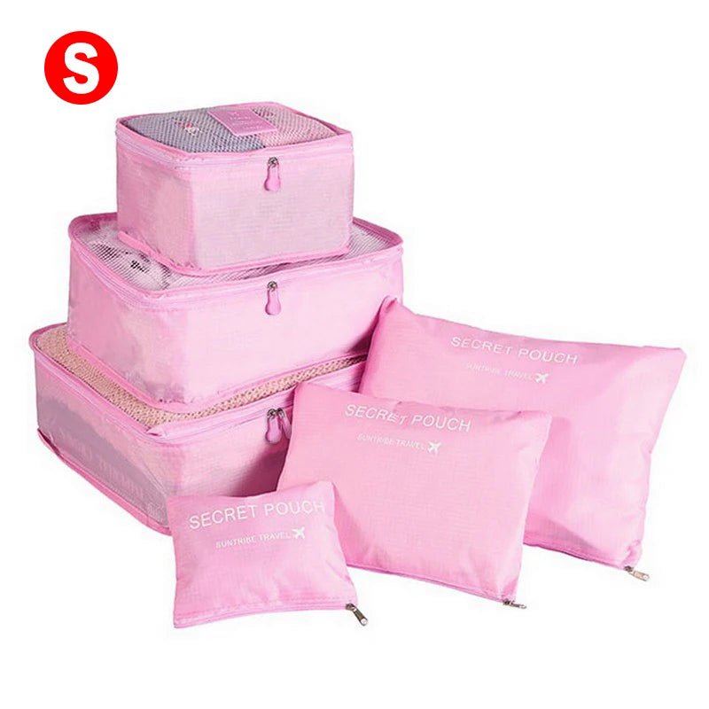 6-piece Portable Travel Organizer Bags Set for Women, includes Storage Bags for Clothes, Shoes, Makeup, and Luggage S-Pink