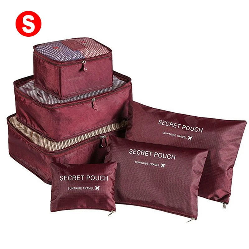6-piece Portable Travel Organizer Bags Set for Women, includes Storage Bags for Clothes, Shoes, Makeup, and Luggage S-Wine red