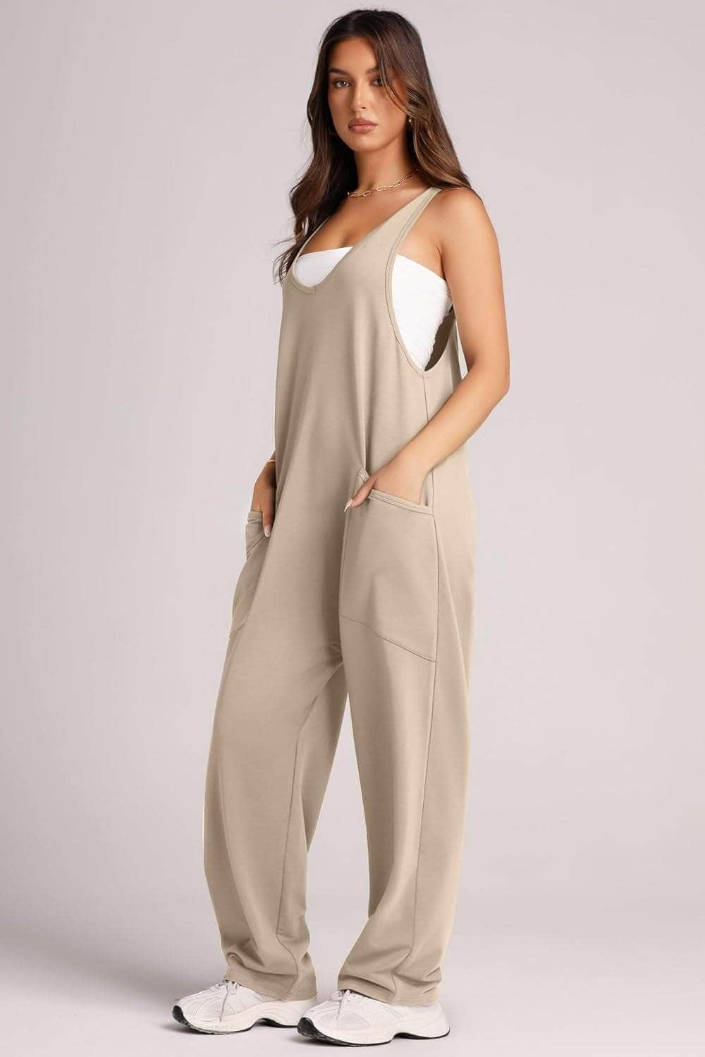 Wide Strap Jumpsuit with Pockets Khaki / S