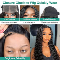6x4 Lace Closure Wigs - Curly Human Hair Wig, Glueless HD Lace Front, Water Wave Wigs, Pre-Cut, Pre-Plucked, Brazilian Hair