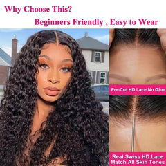 6x4 Lace Closure Wigs - Curly Human Hair Wig, Glueless HD Lace Front, Water Wave Wigs, Pre-Cut, Pre-Plucked, Brazilian Hair