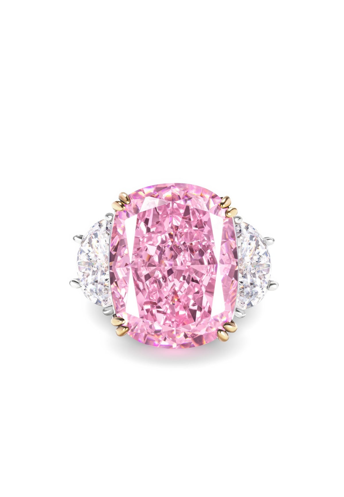 7 Carat Fancy Light Pink Cushion Cut Three Stone Diamond Ring