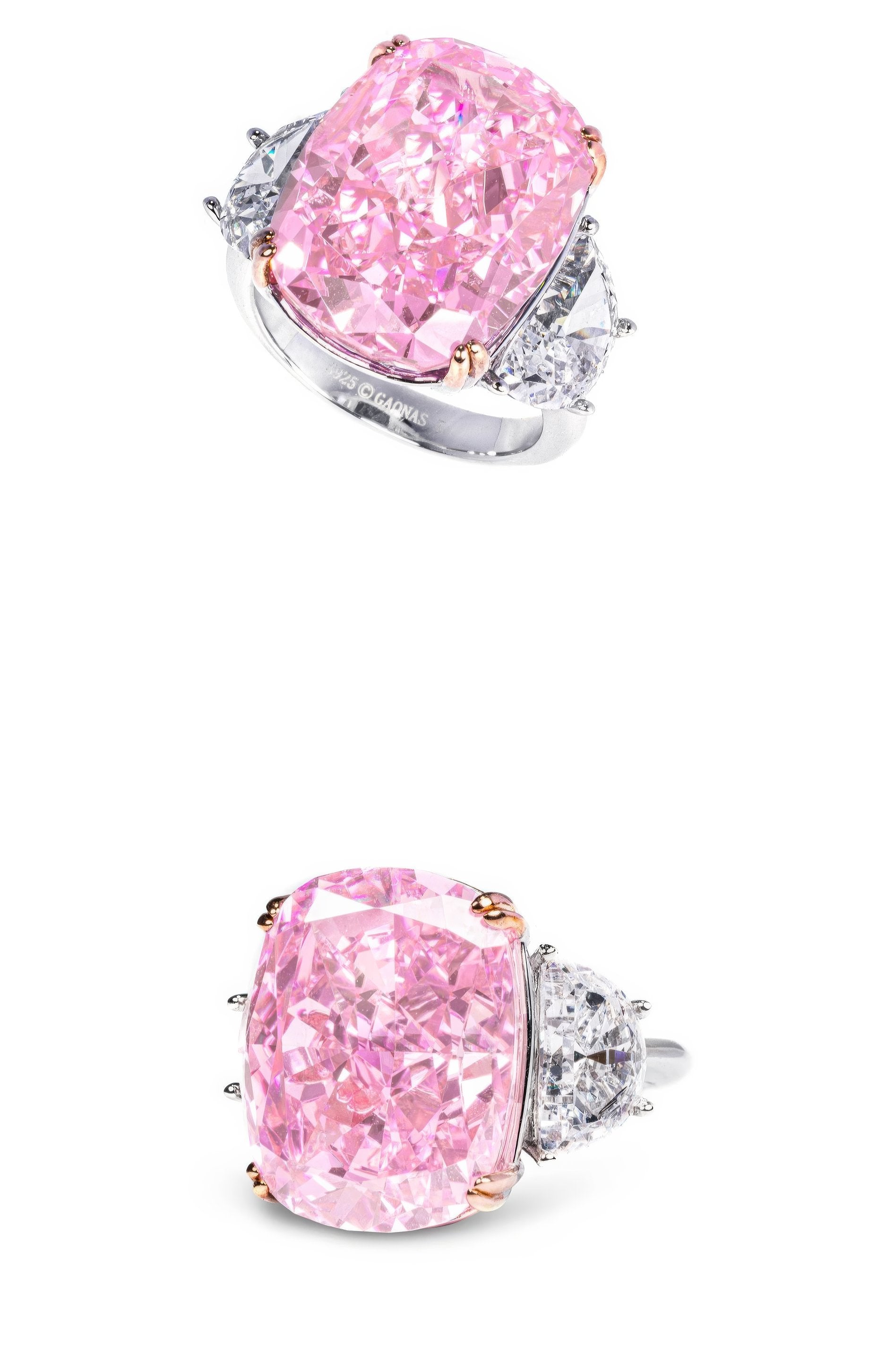 7 Carat Fancy Light Pink Cushion Cut Three Stone Diamond Ring