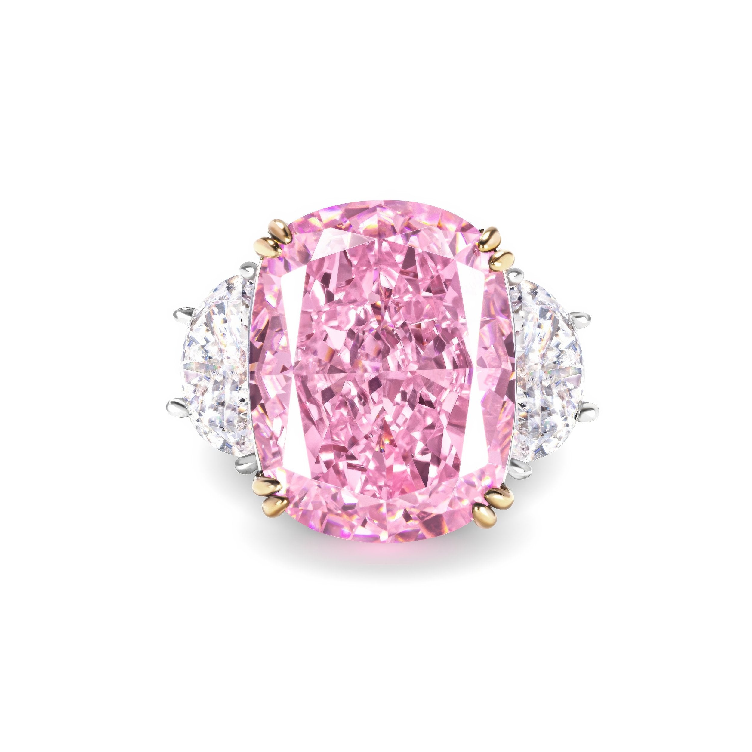 7 Carat Fancy Light Pink Cushion Cut Three Stone Diamond Ring