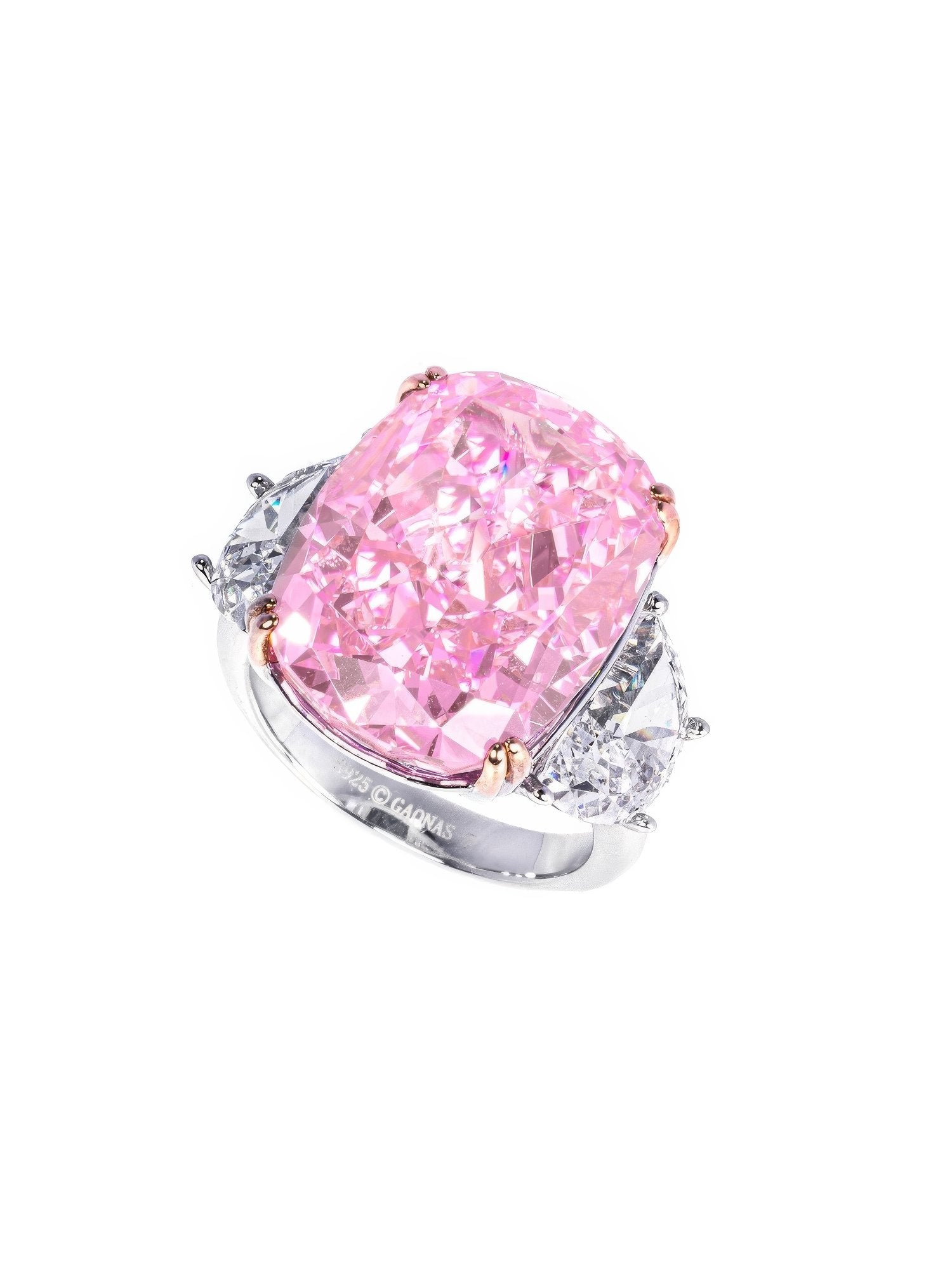 7 Carat Fancy Light Pink Cushion Cut Three Stone Diamond Ring