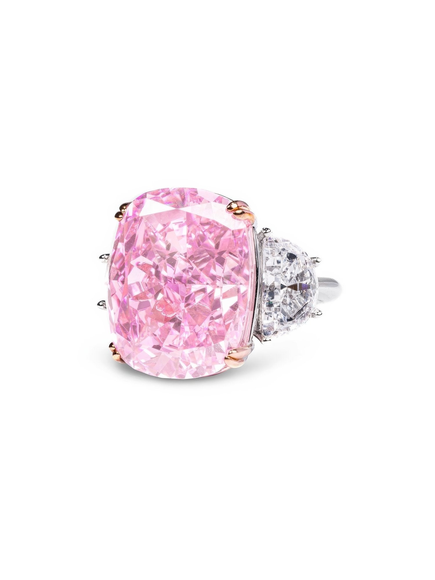 7 Carat Fancy Light Pink Cushion Cut Three Stone Diamond Ring