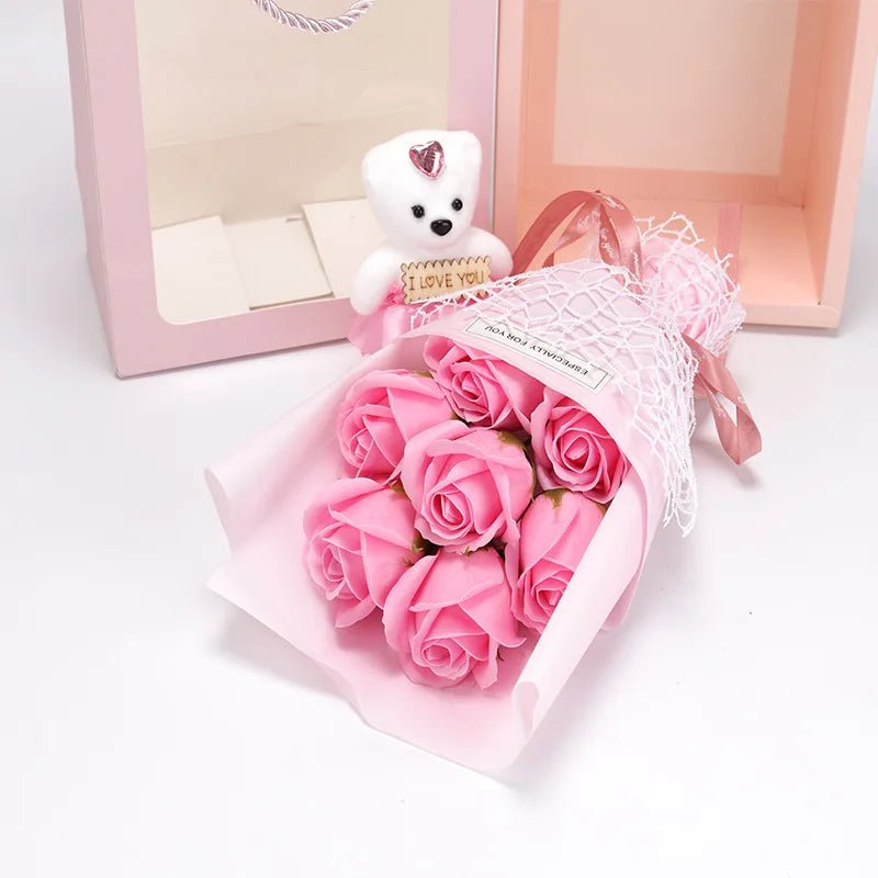 7 Flowers/bundle Valentine's Day Rose Bouquet in Bear Gift Box