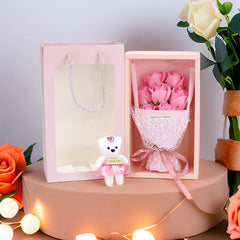 7 Flowers/bundle Valentine's Day Rose Bouquet in Bear Gift Box pink
