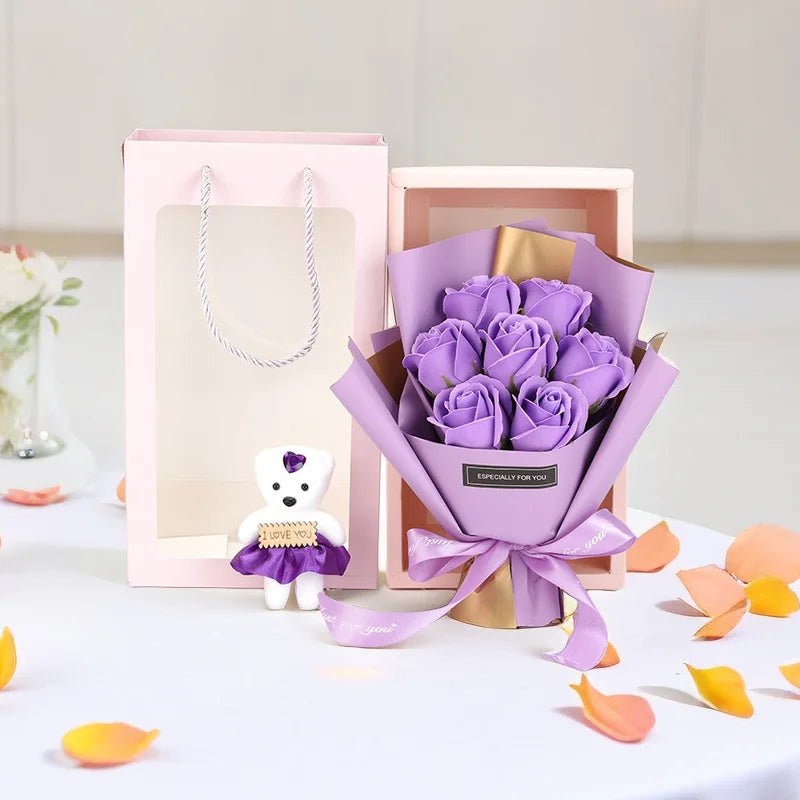 7 Flowers/bundle Valentine's Day Rose Bouquet in Bear Gift Box purple