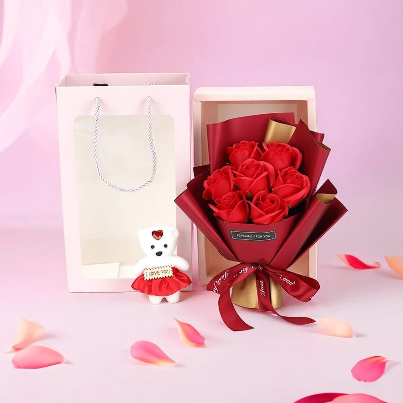 7 Flowers/bundle Valentine's Day Rose Bouquet in Bear Gift Box red