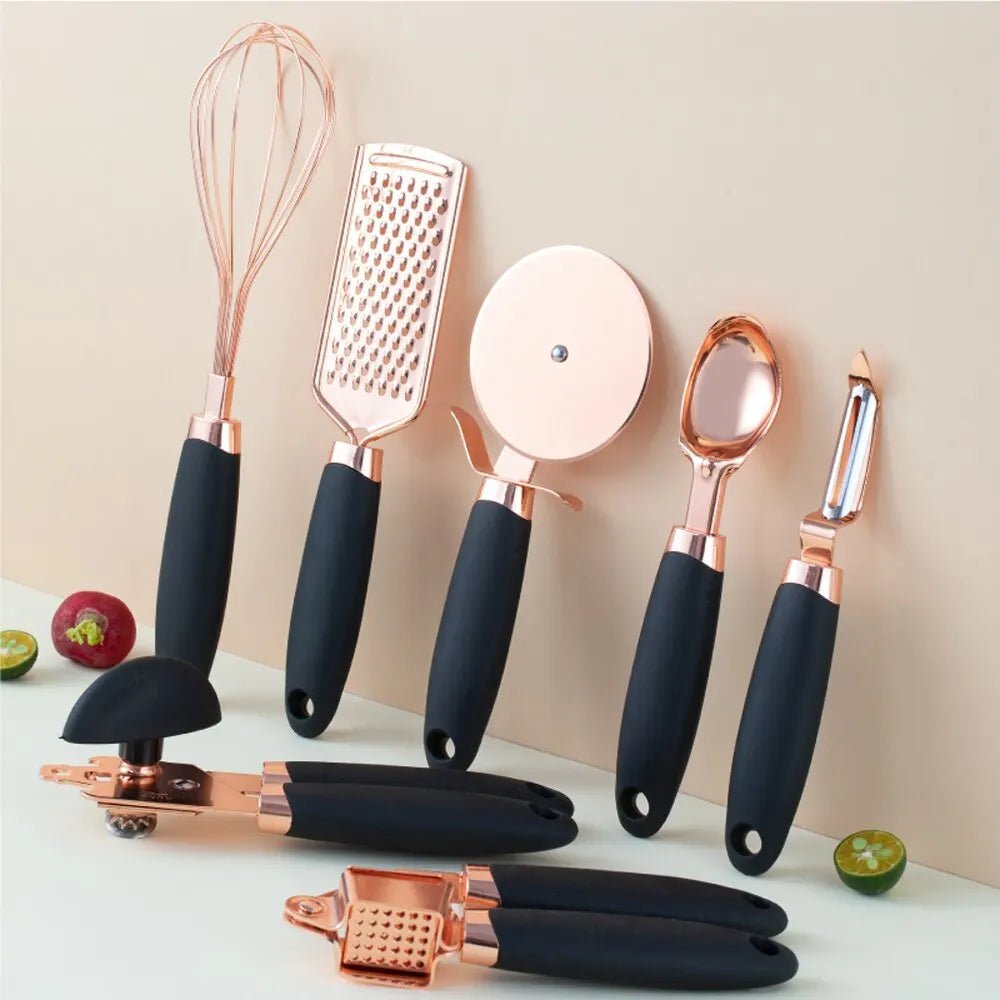 7-Piece Copper Coated Stainless Steel Kitchen Gadget Set with Soft Touch - Rose Gold Kitchen Utensils, Garlic Press, Pizza Cutter, Kitchenware