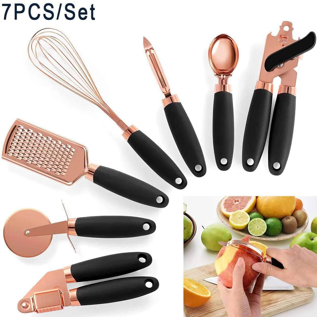 7-Piece Copper Coated Stainless Steel Kitchen Gadget Set with Soft Touch - Rose Gold Kitchen Utensils, Garlic Press, Pizza Cutter, Kitchenware