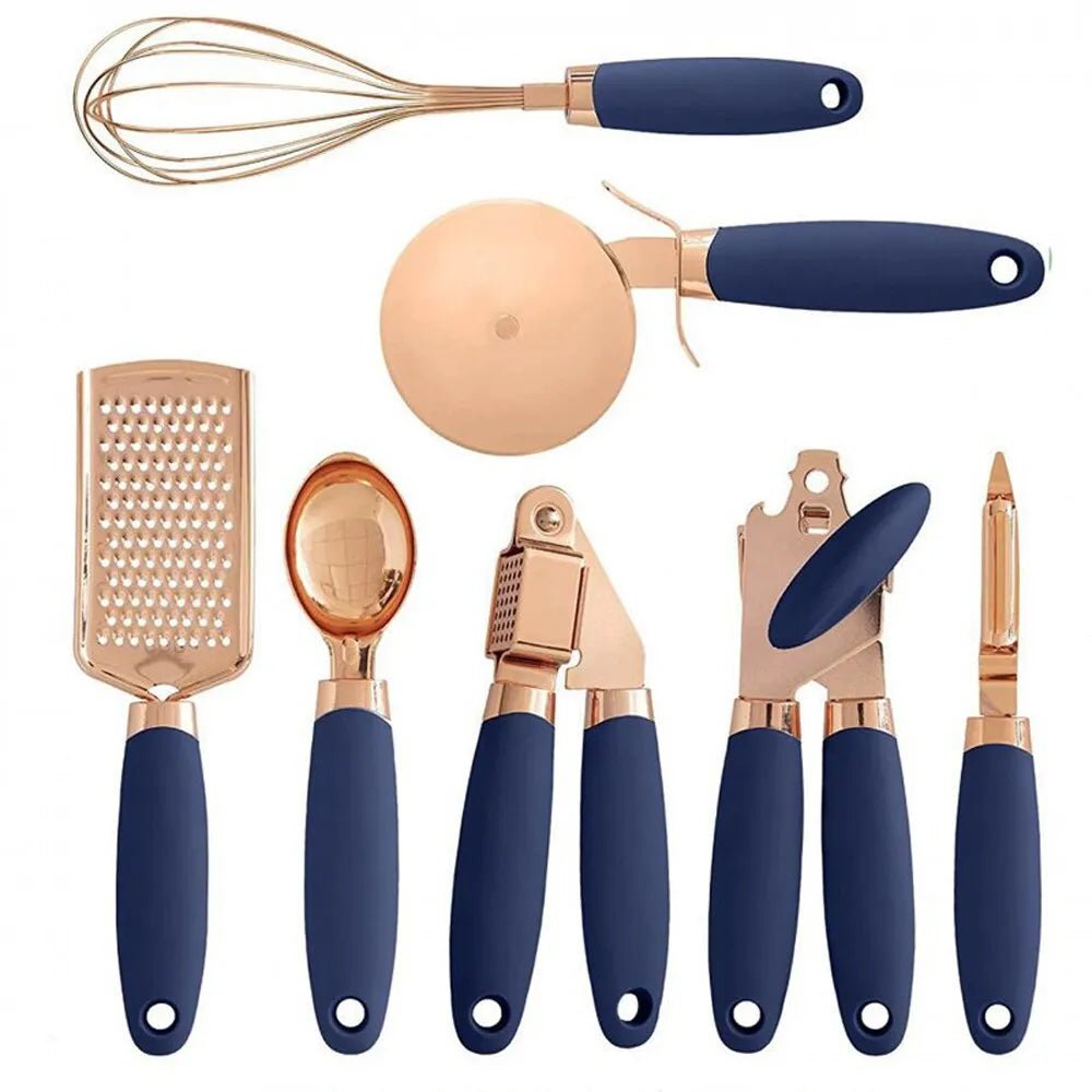 7-Piece Copper Coated Stainless Steel Kitchen Gadget Set with Soft Touch - Rose Gold Kitchen Utensils, Garlic Press, Pizza Cutter, Kitchenware blue