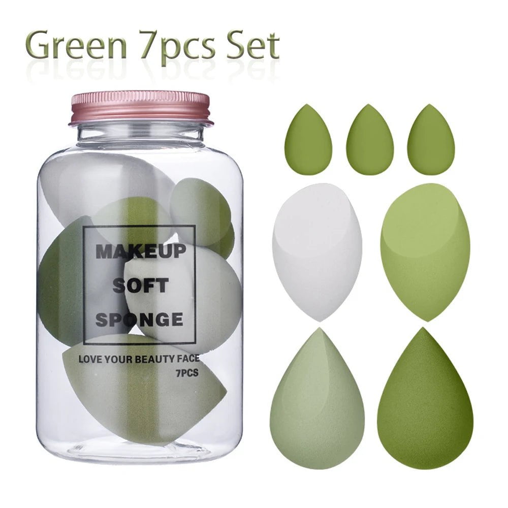 7Pc Makeup Sponge Set - Cosmetic Puff for Cream, Concealer, Foundation, Powder - Dry and Wet Make Up Blender - Women's Make Up Accessories 7Pcs Green Set