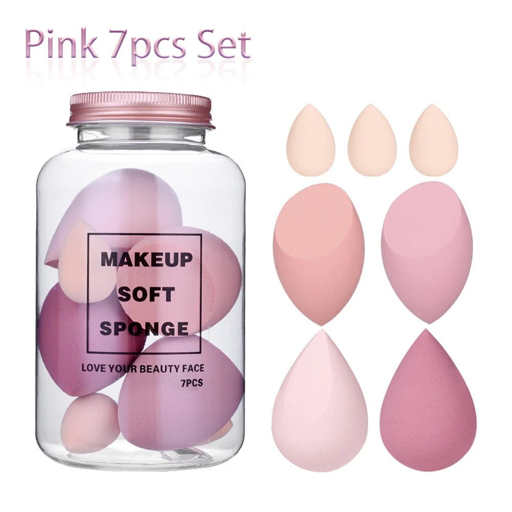 7Pc Makeup Sponge Set - Cosmetic Puff for Cream, Concealer, Foundation, Powder - Dry and Wet Make Up Blender - Women's Make Up Accessories 7Pcs Pink Set