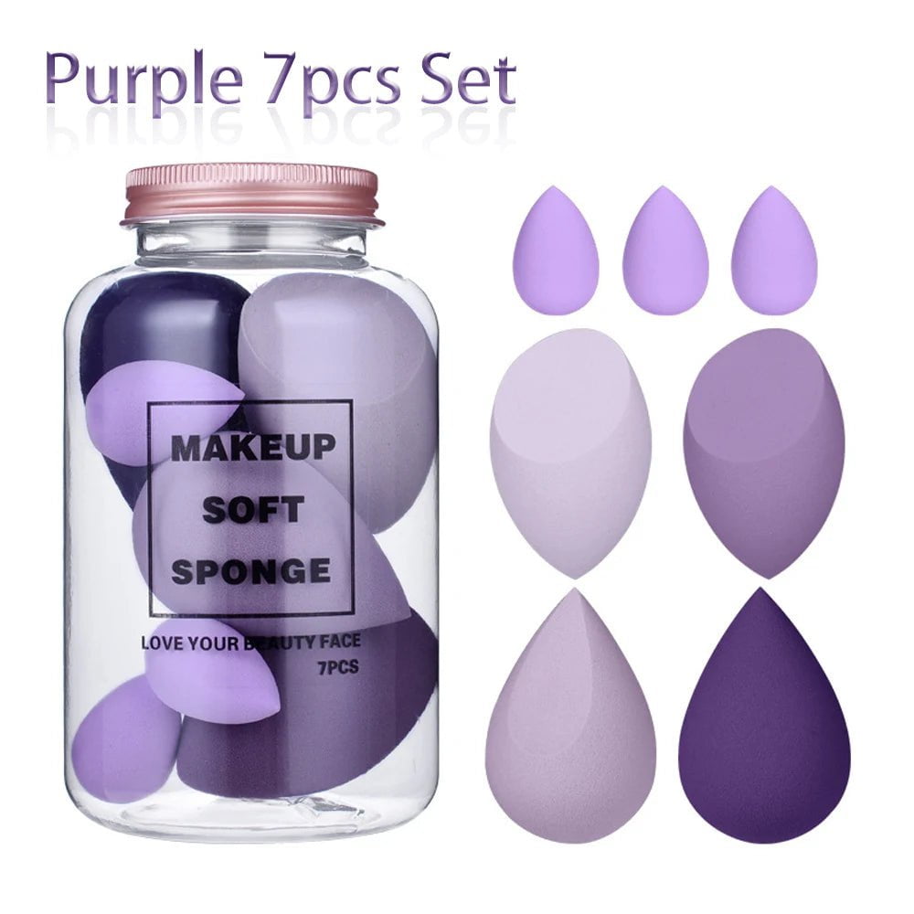 7Pc Makeup Sponge Set - Cosmetic Puff for Cream, Concealer, Foundation, Powder - Dry and Wet Make Up Blender - Women's Make Up Accessories 7Pcs Purple Set