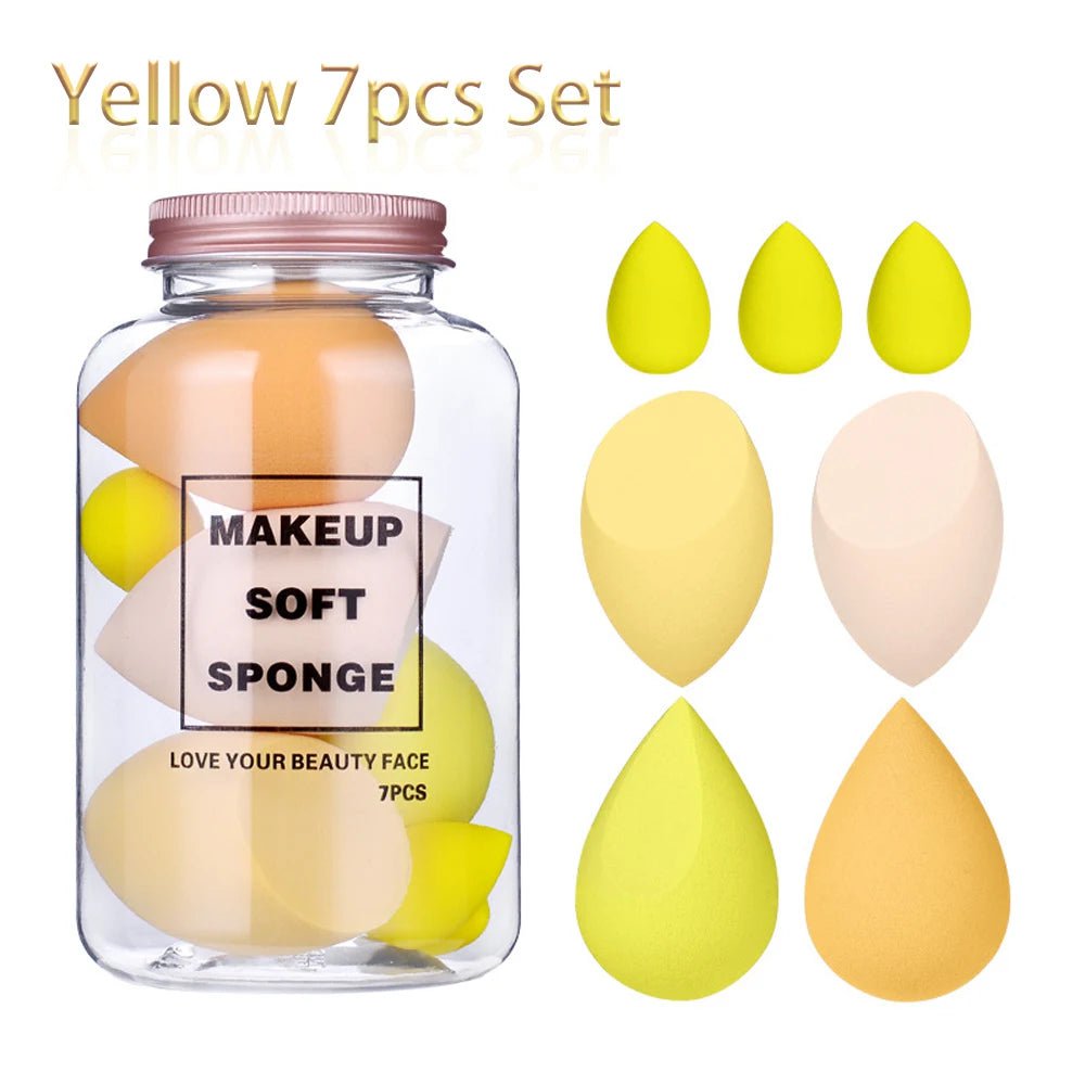 7Pc Makeup Sponge Set - Cosmetic Puff for Cream, Concealer, Foundation, Powder - Dry and Wet Make Up Blender - Women's Make Up Accessories 7Pcs Yellow Set