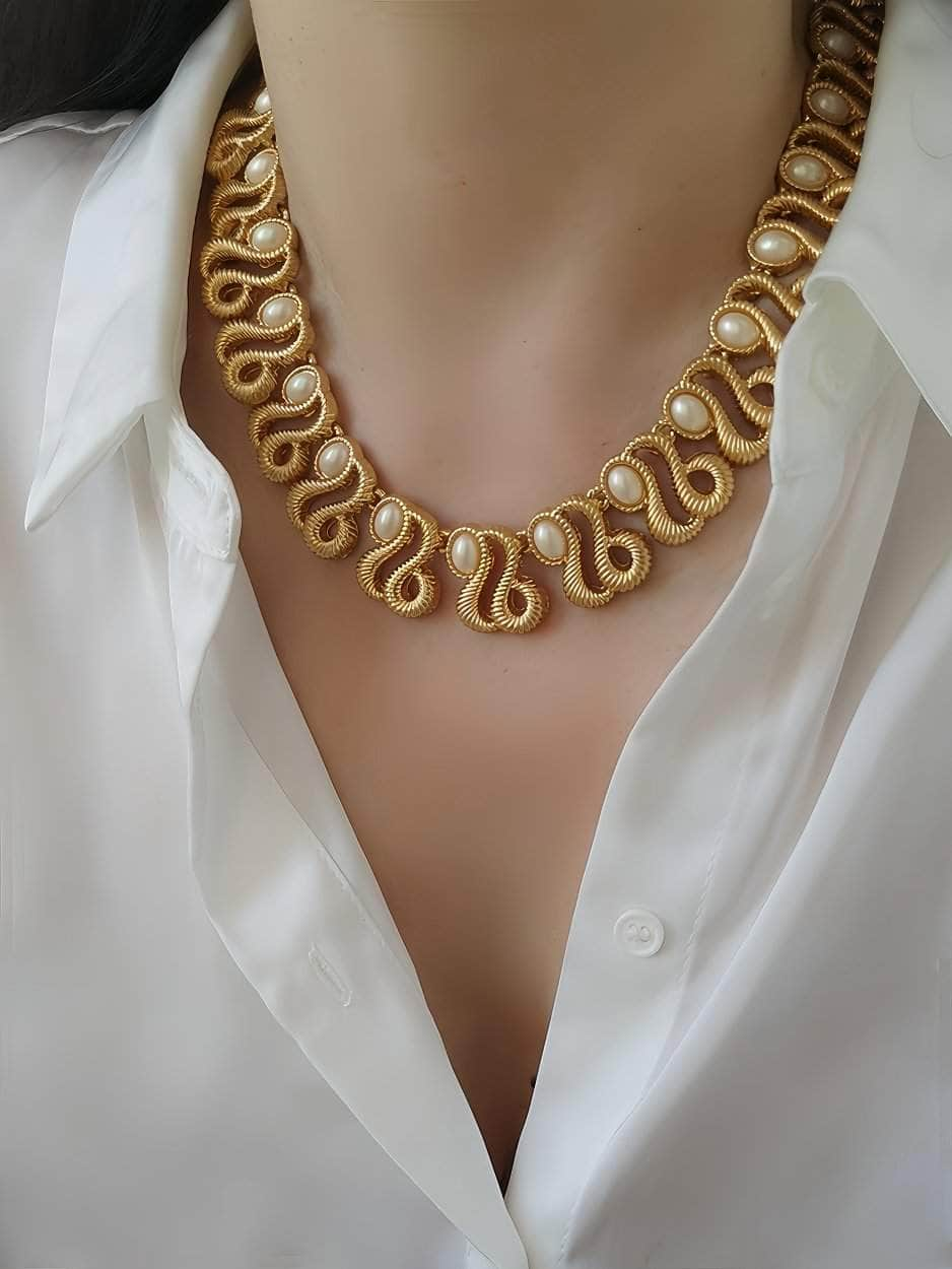 80s Monet Picasso Gold Collar with Pearl Accents Necklace