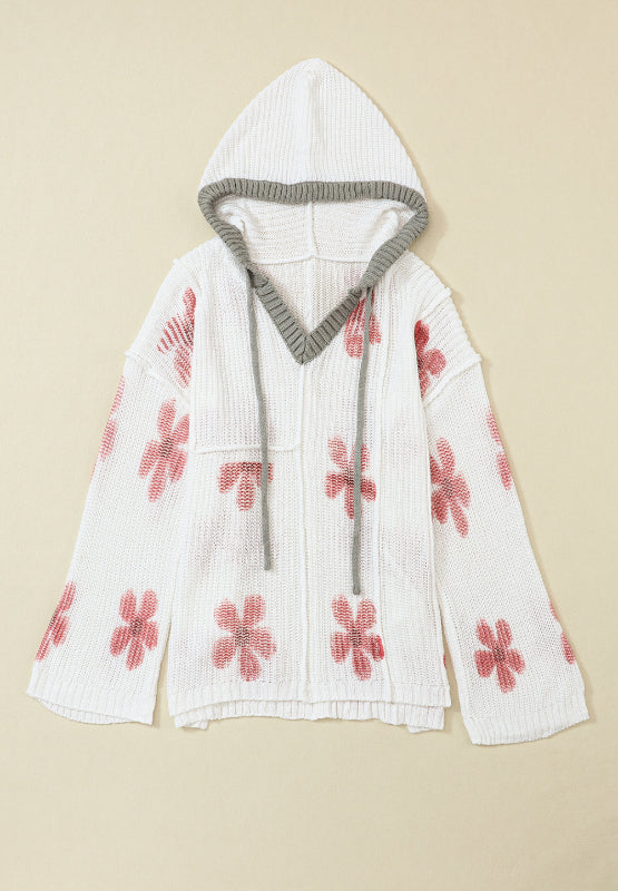 Drawstring Flower Hooded Knit Top