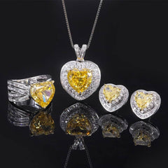 925 Silver Heart-Shaped Lab Grown Canary Yellow Diamond Quartz Jewelry Set