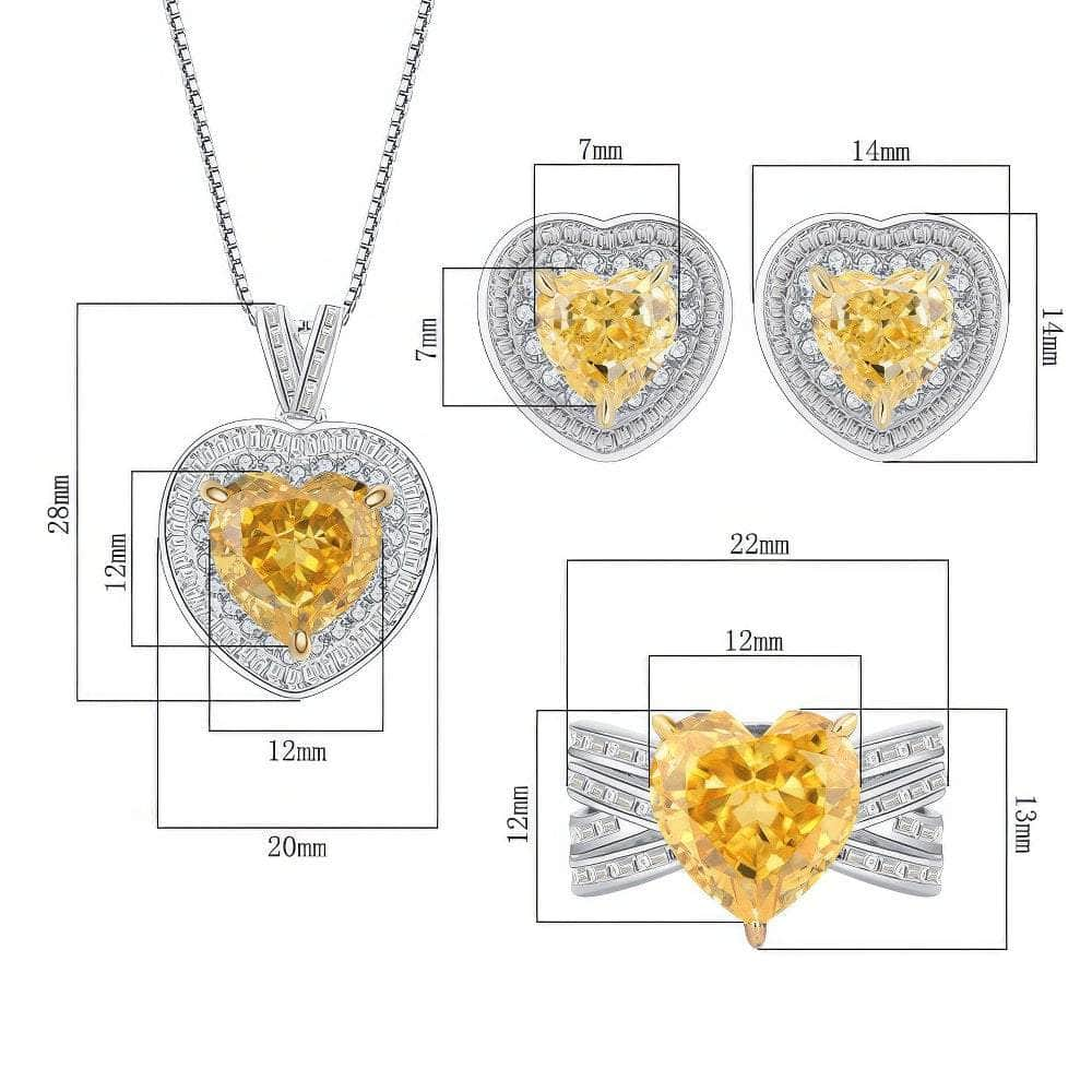 925 Silver Heart-Shaped Lab Grown Canary Yellow Diamond Quartz Jewelry Set