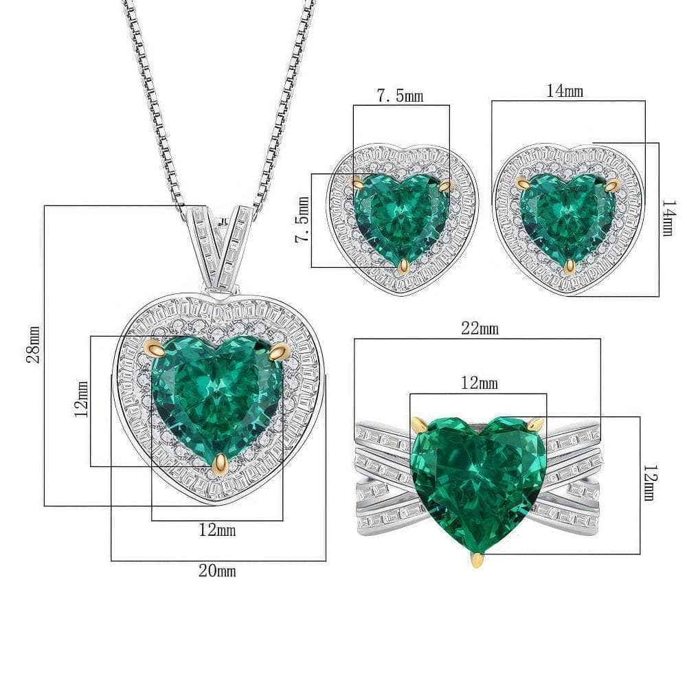 925 Silver Heart-Shaped Lab Grown Diamond Emerald Gemstone Quartz Jewelry Set