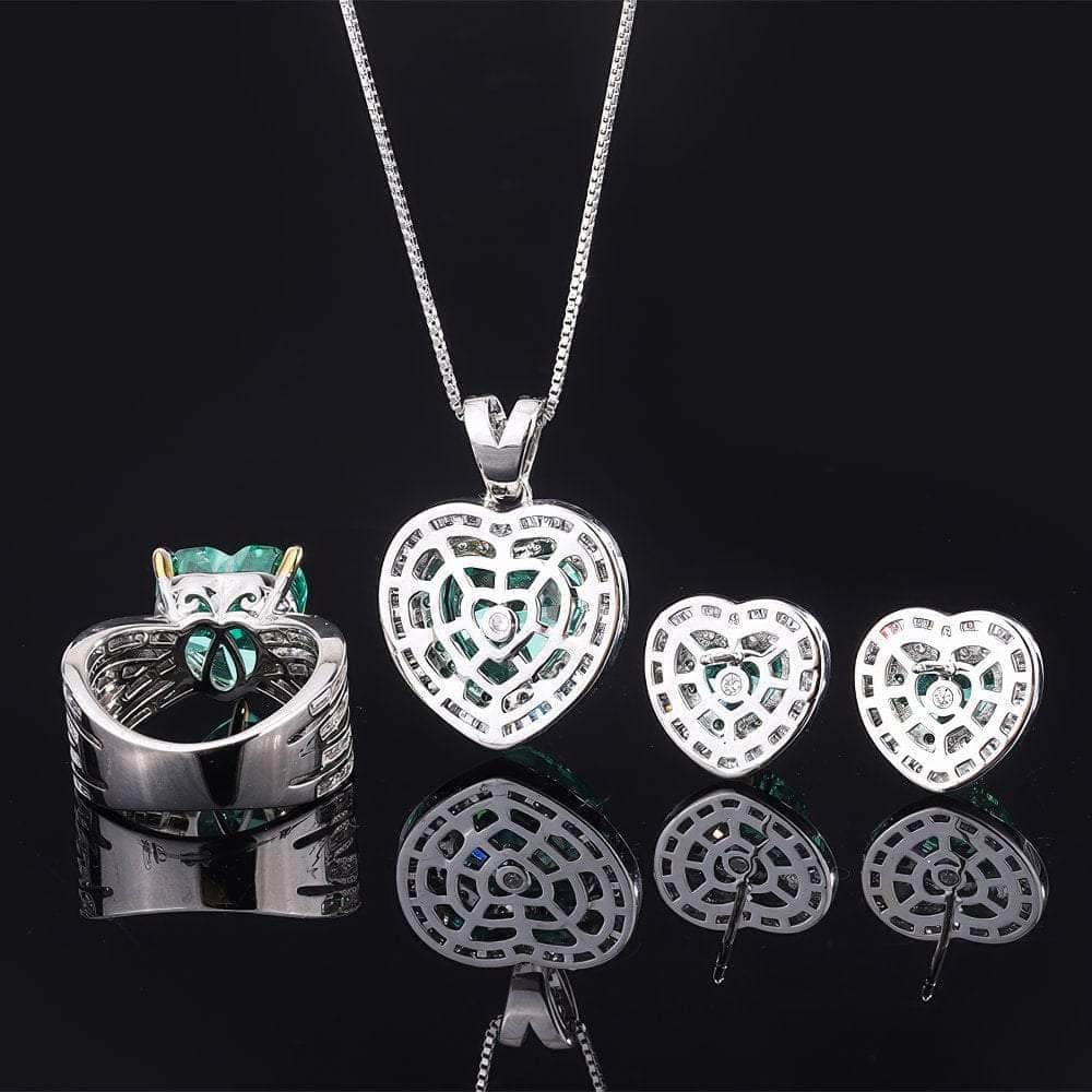 925 Silver Heart-Shaped Lab Grown Diamond Emerald Gemstone Quartz Jewelry Set