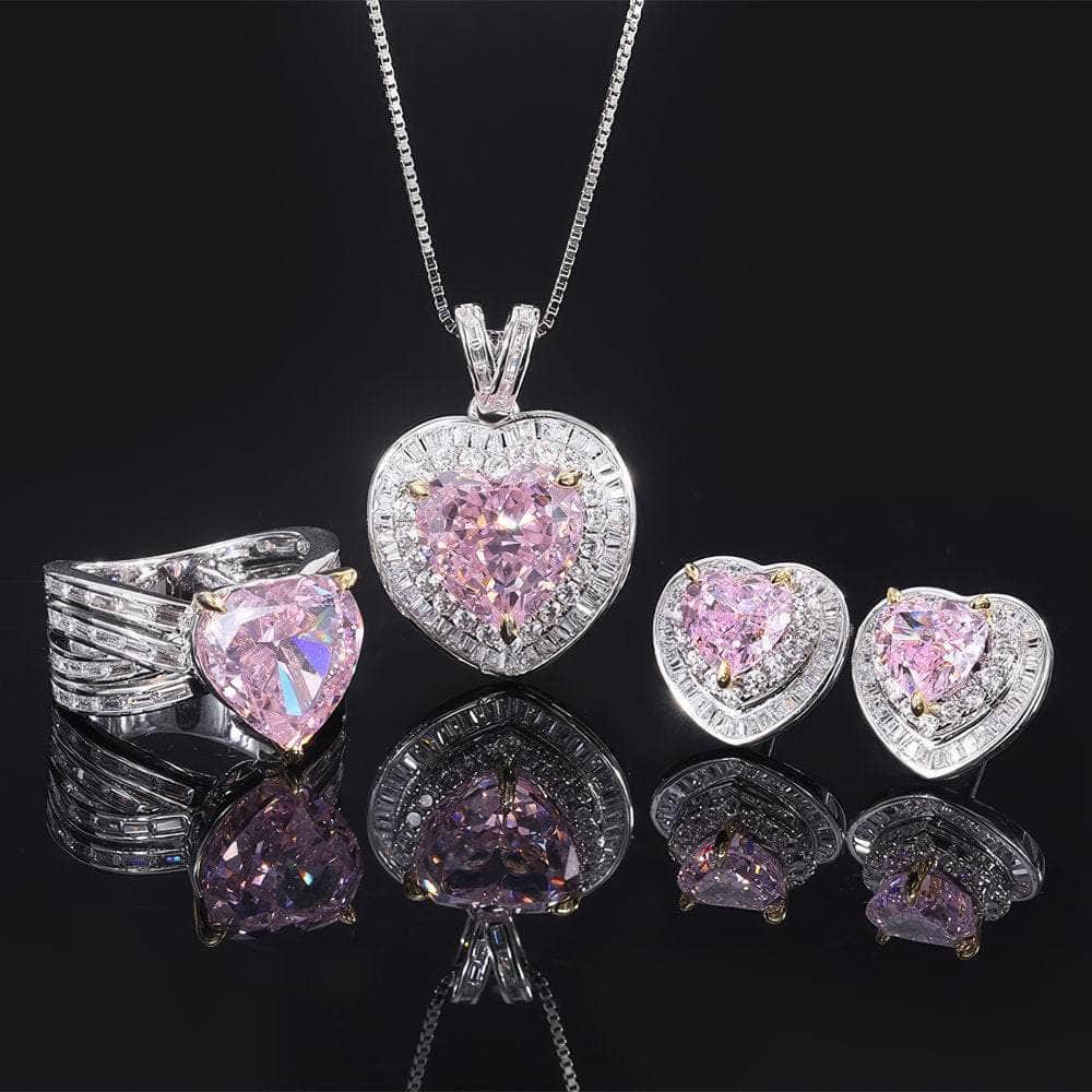 925 Silver Heart-Shaped Lab Grown Pink Diamond Quartz Jewelry Set