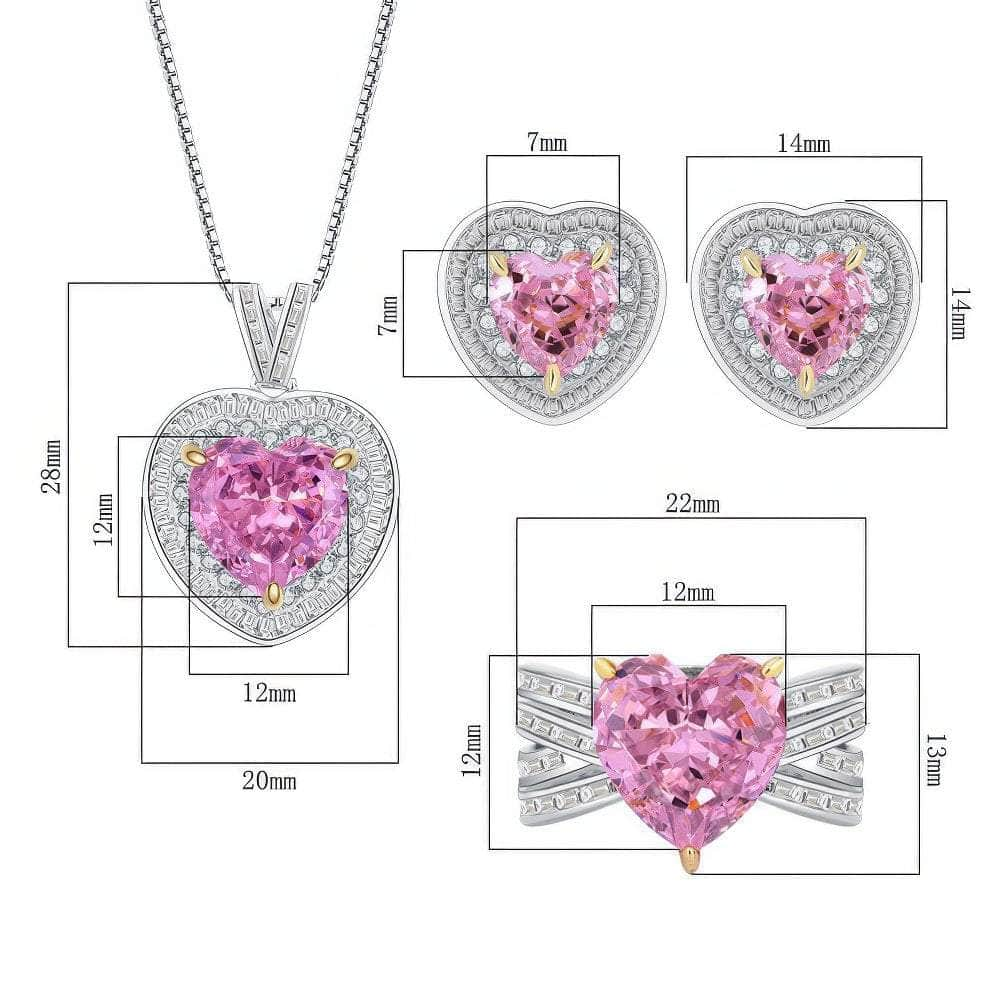 925 Silver Heart-Shaped Lab Grown Pink Diamond Quartz Jewelry Set