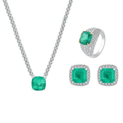 925 Silver Lab Created Emerald Gemstone Paved Crystal Jewelry Set