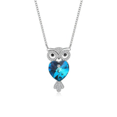 925 Silver Owl Pendant Crystal Necklace Blue