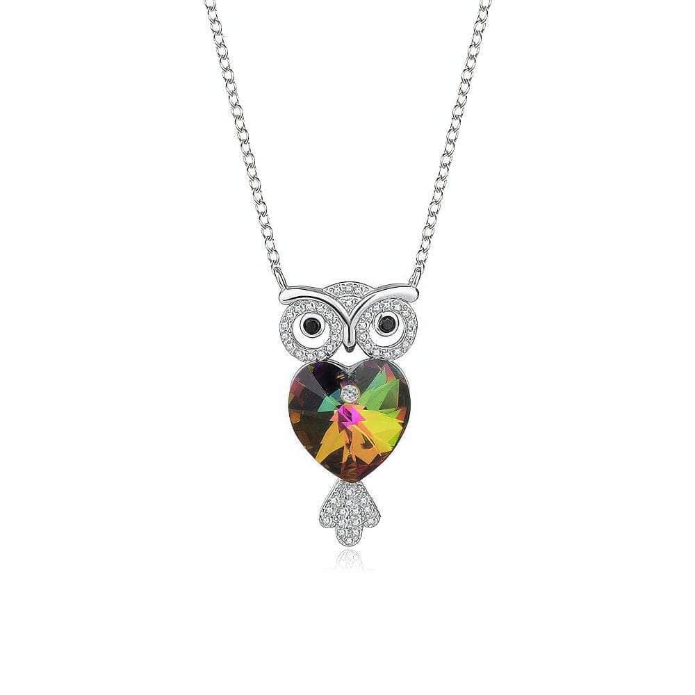 925 Silver Owl Pendant Crystal Necklace Green