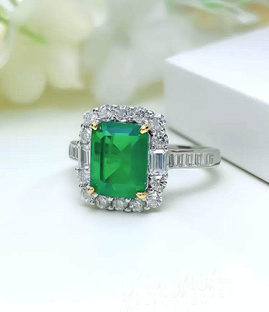 925 Silver Prong Setting Emerald Cut Lab Gemstone Diamond Ring