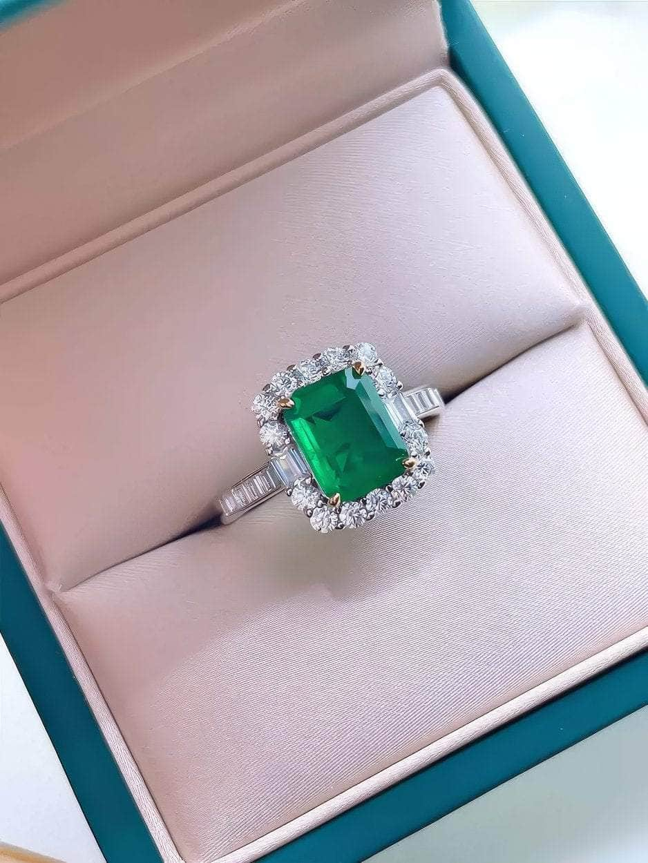 925 Silver Prong Setting Emerald Cut Lab Gemstone Diamond Ring