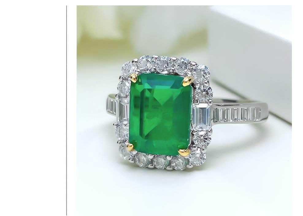 925 Silver Prong Setting Emerald Cut Lab Gemstone Diamond Ring