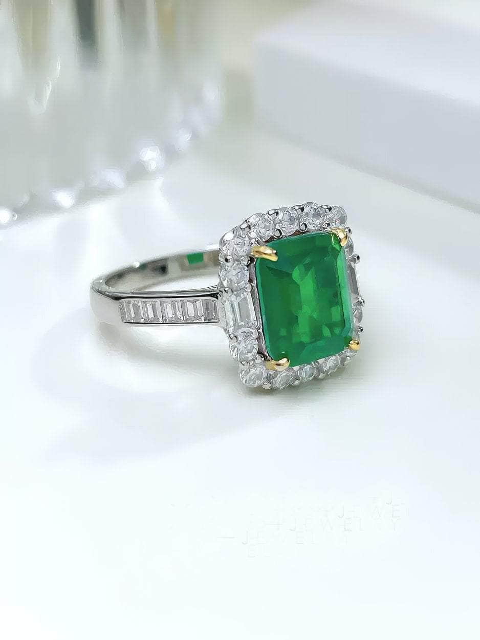 925 Silver Prong Setting Emerald Cut Lab Gemstone Diamond Ring