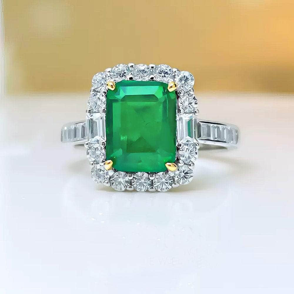 925 Silver Prong Setting Emerald Cut Lab Gemstone Diamond Ring 5 US / Emerald