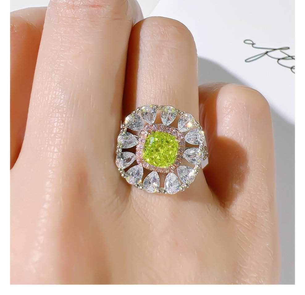 925 Sterling Silver Floral Deco Olive Green Lab Diamond Statement Ring