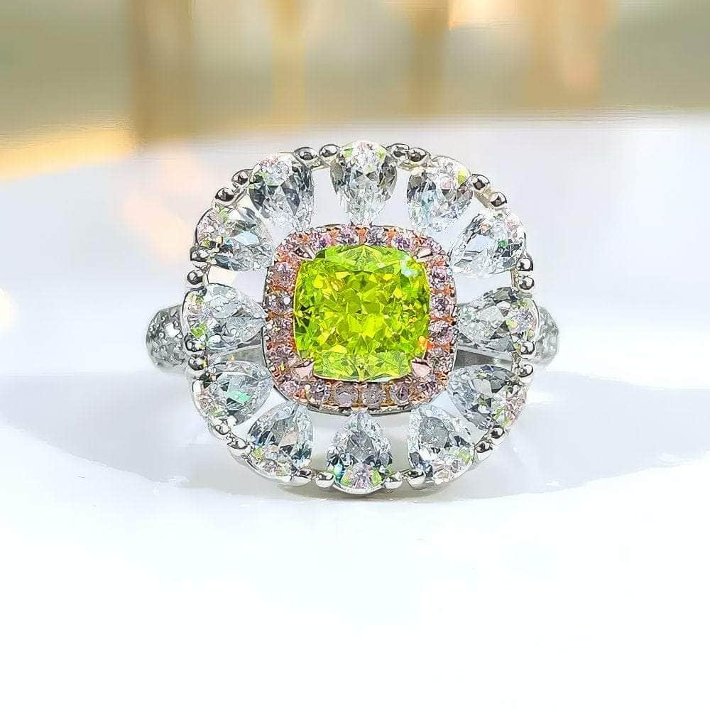 925 Sterling Silver Floral Deco Olive Green Lab Diamond Statement Ring