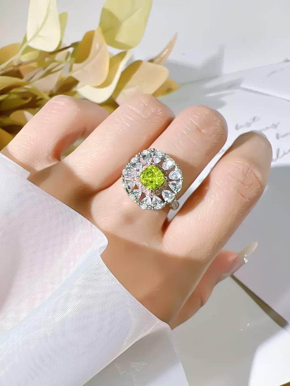 925 Sterling Silver Floral Deco Olive Green Lab Diamond Statement Ring